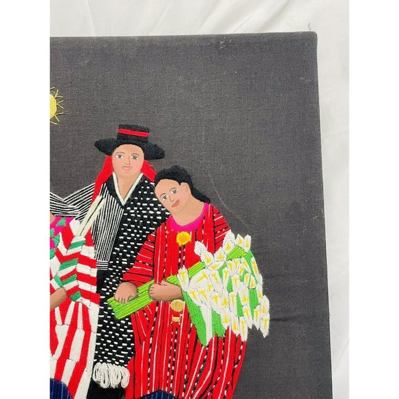 Solola Black Stretched Folk Art Embroidered Spanish Textile Frameless Picture - Picture 10 of 12